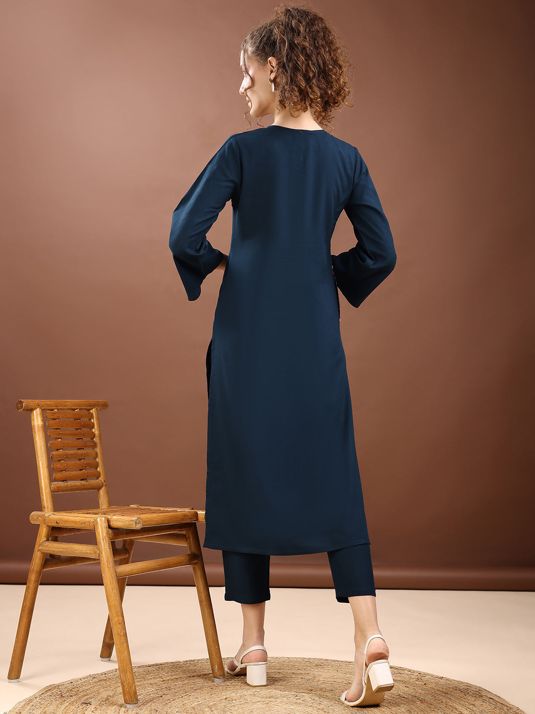 Teal Blue Colored Placement Embroidered Rayon A-Line Kurta With Trousers Co-ords Set